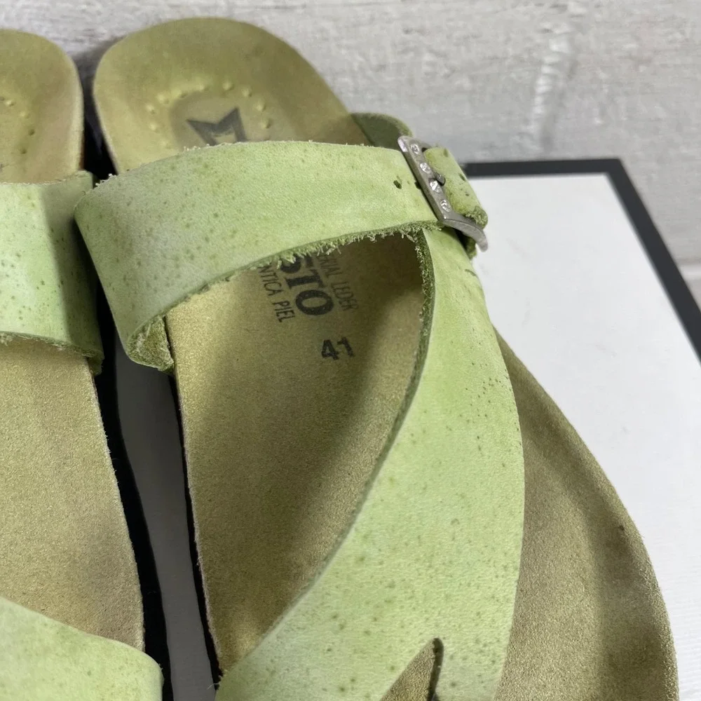 Mephisto Helen Sandals Lime Green‎ Nubuck Buckle Cork Slip On Womens 41 EU/11 US
